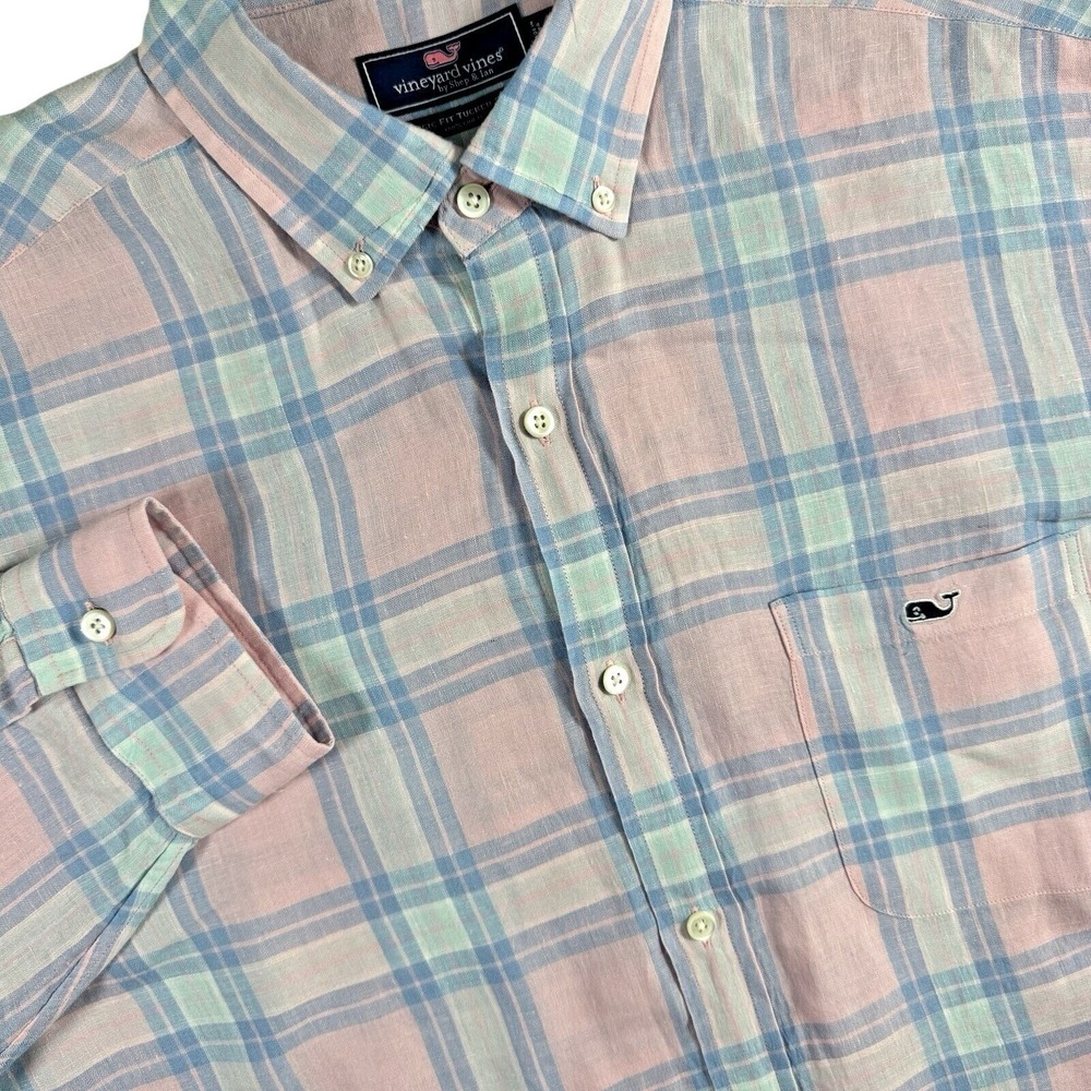 Vineyard Vines Linen Tucker Shirt Men XL Pink Blue Plaid Classic Fit Long Sleeve